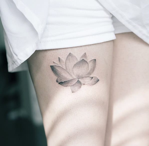 Black & Grey Ink Lotus Tattoo by Sol Tattoo